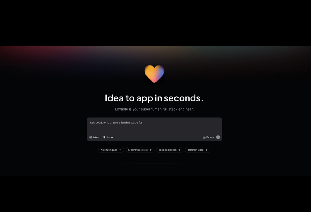 Een donkergekleurde afbeelding met in het midden een gestileerd harticoon met een goudachtige gloed. Onder het hart staat in grote, vetgedrukte witte letters: "Idea to app in seconds." Daaronder in kleinere, grijze letters: "Lovable is your superhuman full stack engineer." De afbeelding heeft een moderne en minimalistische uitstraling.
