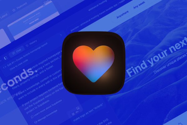 Een donkergekleurde afbeelding met in het midden een gestileerd harticoon met een goudachtige gloed. Onder het hart staat in grote, vetgedrukte witte letters: "Idea to app in seconds." Daaronder in kleinere, grijze letters: "Lovable is your superhuman full stack engineer." De afbeelding heeft een moderne en minimalistische uitstraling.